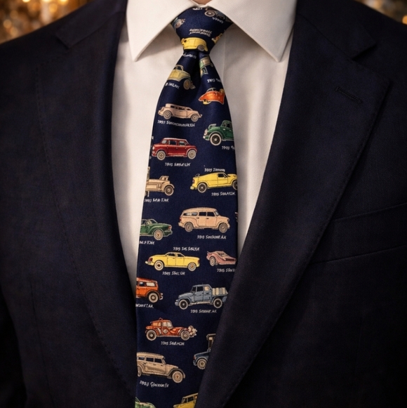 Antique Other - MARK, FORE & STRIKE "Antique Cars" Printed Blue Silk Tie